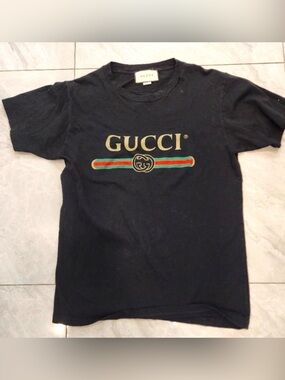 Gucci Black Short Sleeve Logo Tee with Gold, Red & Green Stripe